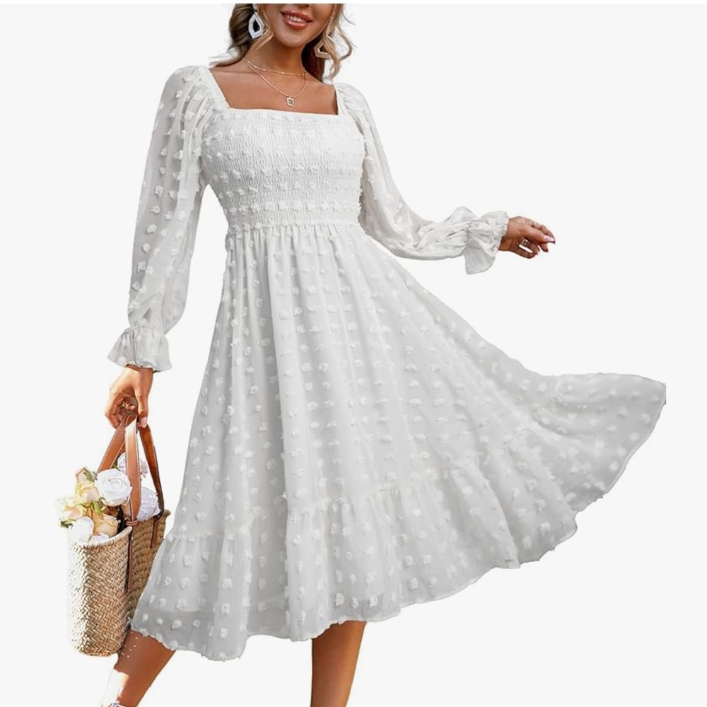 Amegoya Women's Boho Flowy Long Sleeve Square Neck Floral Midi Dress Smocked